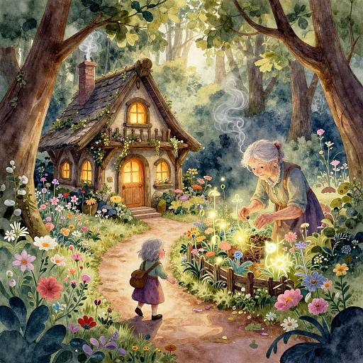 Whimsical watercolor painting of an elderly man and child tending glowing flowers in a magical forest cottage garden.