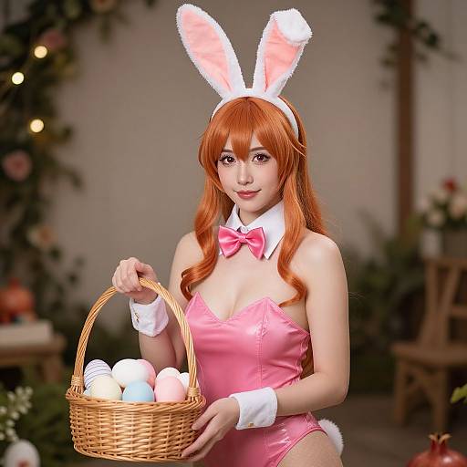 Photograph-like CGI of a cute Asian woman with orange hair, pink bunny outfit, white cuffs, pink bowtie, holding a wicker basket of