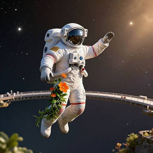 Photorealistic CGI of an astronaut floating in space, wearing a white spacesuit with red stripes, holding vibrant orange flowers, against a starry night