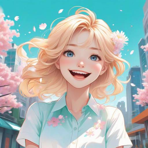 Cheerful Anime Woman in Vibrant Cityscape