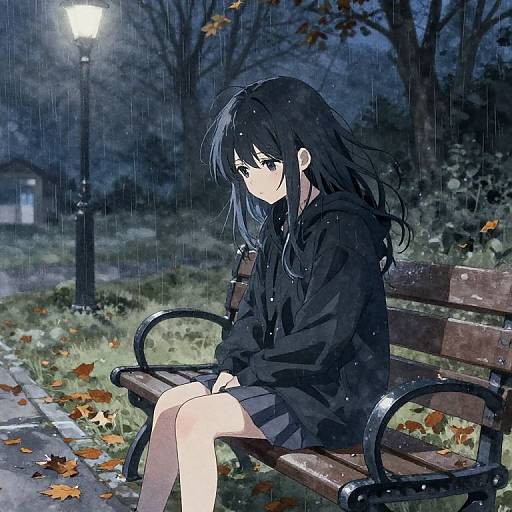 Anime-style digital drawing of a sad, black-haired girl in a black hoodie and skirt, sitting on a park bench at night, surrounded by falling rain