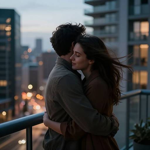 Photograph of a couple embracing on a balcony at dusk, city lights in the background, woman with long brown hair, man in a green shirt,