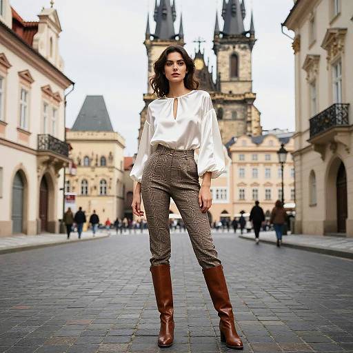 Photograph of a stylish woman with dark hair, white blouse, brown patterned pants, and brown boots, standing on a cobblestone street in