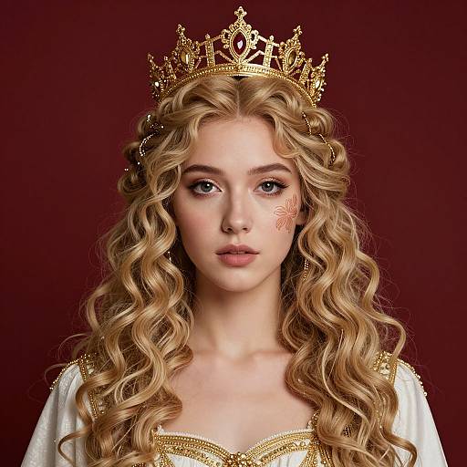 Photograph of a fair-skinned young woman with long, curly blonde hair, wearing a golden crown and white gown, against a dark red background.