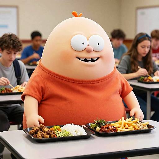 Photograph of a cartoon character with a bald head, orange shirt, and wide eyes, eating a meal in a classroom with students.