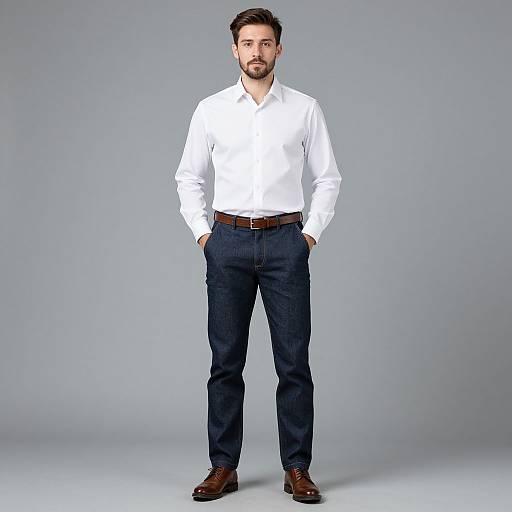 Photograph of a bearded man with short brown hair, standing against a gray backdrop, wearing a white long-sleeve shirt, dark blue jeans
