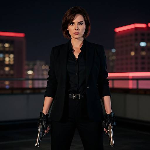 Serious Woman with Guns on Rooftop