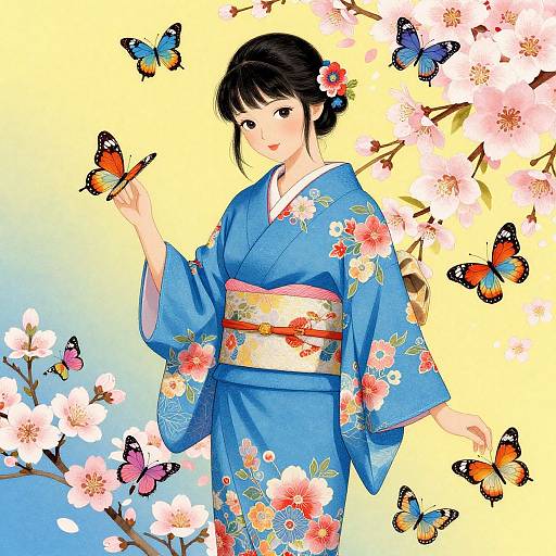 Digital illustration of a Japanese woman in a blue floral kimono, holding a butterfly, surrounded by colorful butterflies and cherry blossoms.