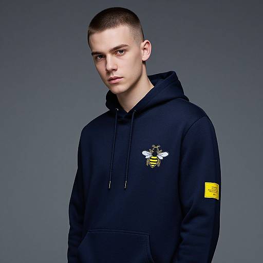 Photograph of a young, fair-skinned man with short brown hair, wearing a black hoodie with a bee embroidered patch and yellow label on the sleeve