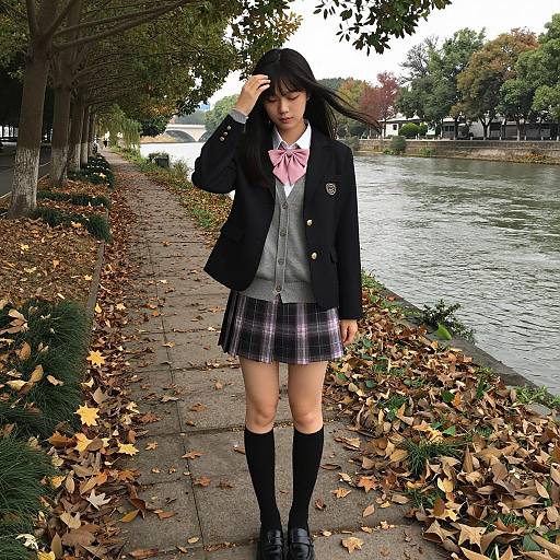 Autumn Elegance: Young Woman by River