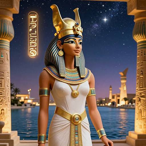 Digital artwork of an Egyptian queen with dark skin, blue-black striped hair, gold headdress, white dress, adorned with jewelry, standing by a star