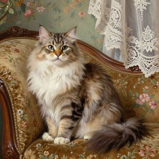 Photograph of a fluffy, long-haired, brown and white tabby cat with green eyes, sitting on an ornate, floral-patterned Victorian sofa