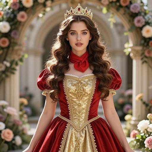 Photograph of a young woman with long brown hair, wearing a gold and red regal dress, crown, and red scarf, standing in a sun