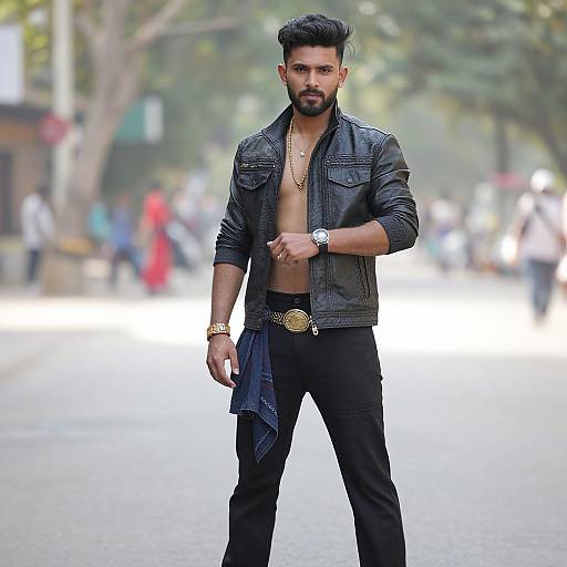 Photograph of a muscular, bearded man with dark hair, wearing an open black leather jacket, black pants, gold chains, and a watch,