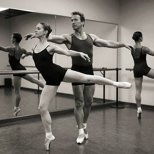 Black-and-white photograph of a muscular male ballet dancer in a tank top and shorts, partnering with a female dancer in a leotard and tights