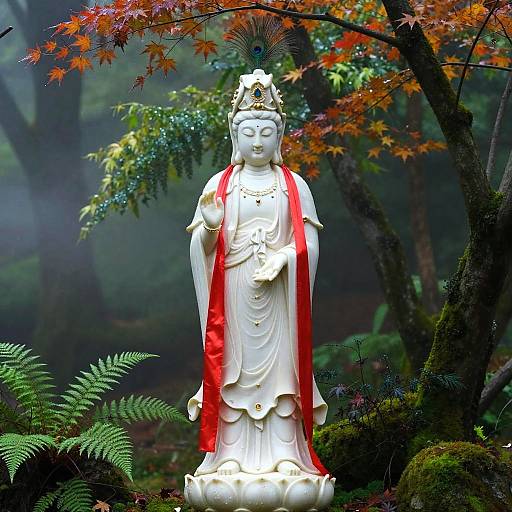 Photograph of a white, serene, Buddhist statue with red robes, feathered headdress, standing in a misty forest with autumn-colored leaves and
