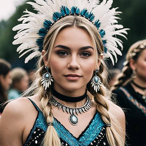 Young Woman in Feathered Headdress and Jewelry