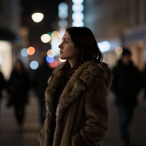 Photograph of a woman with medium-length dark hair in a brown fur coat, standing in a nighttime city street, blurred colorful lights in the background.
