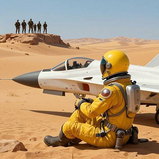 Astronaut in yellow suit and helmet, kneeling beside a white jet in a desert, with six soldiers standing on a dune in the background.