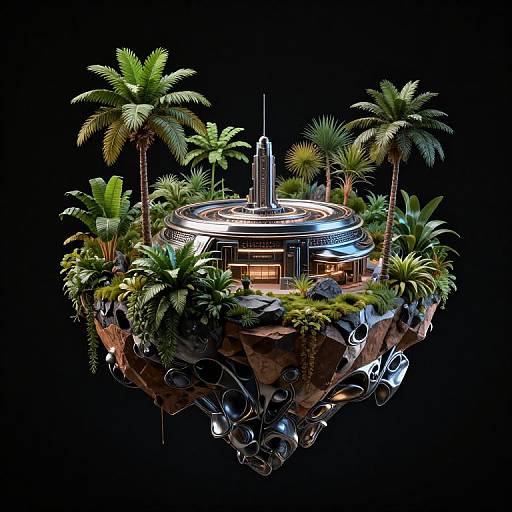 Digital CGI image of a futuristic, floating island with lush palm trees, a glowing, circular building, and intricate metallic base against a black background.