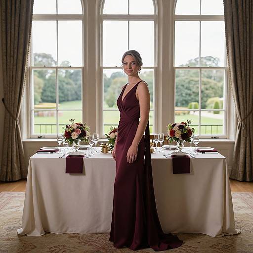 Elegant Burgundy Table Setting and Gown
