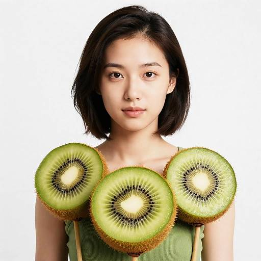 Photograph of an Asian woman with short black hair, wearing a green dress, with three kiwi fruit slices strategically placed on her chest. White background