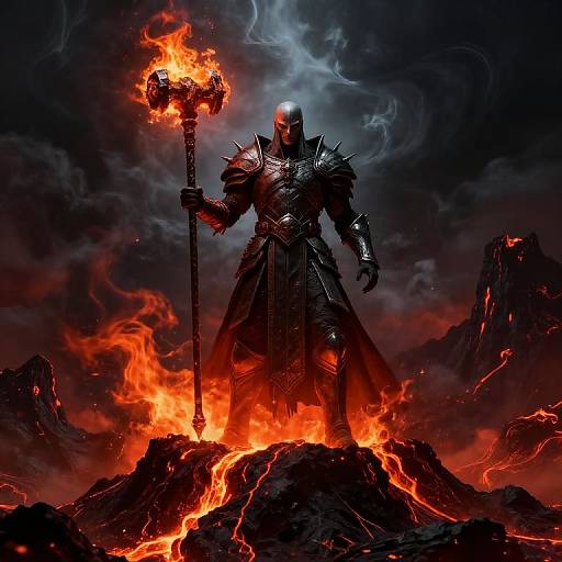 Dark, armored warrior with a flaming, spiked mace stands on a rocky, lava-drenched mountain, amidst fiery skies and smoky clouds. Digital