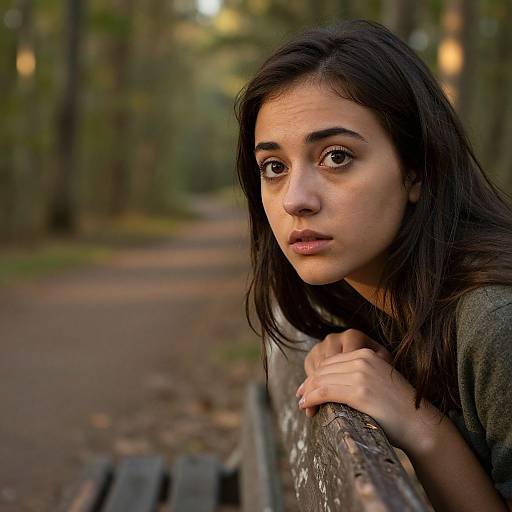 Photograph of a young woman with long black hair, dark eyes, and light olive skin, leaning on a wooden fence in a forest path at sunset