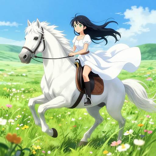Digital anime-style drawing of a young woman with long black hair, wearing a white dress, riding a white horse through a vibrant, sunny meadow with