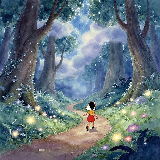 Digital painting of a young girl in a red dress, walking a glowing forest path lined with fireflies, large trees, and moonlight.