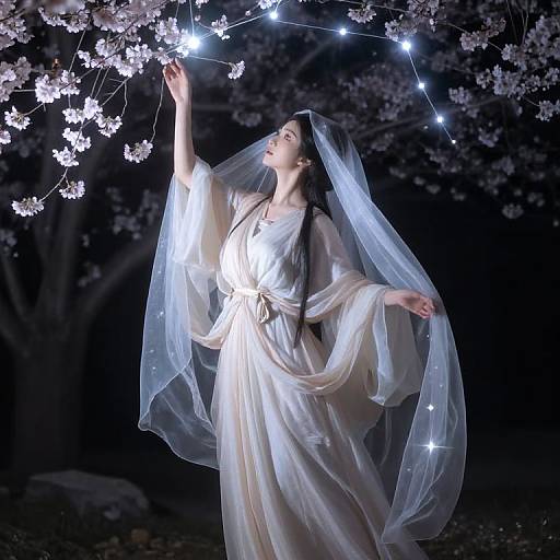 Photograph of a woman in a flowing, translucent white dress with a veil, reaching up to touch glowing fairy lights among cherry blossoms at night.
