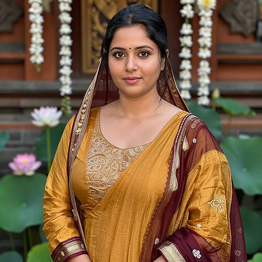 Photograph of a beautiful Indian woman with medium skin tone, black hair in a traditional braid, wearing a golden saree with maroon borders,