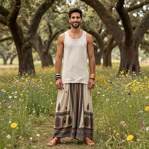 Photograph of a bearded man with medium brown skin, wearing a white tank top and patterned white pants, standing in a colorful wildflower me