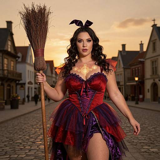 Photograph of a confident, curvy woman with dark curly hair in a red and purple witch costume, holding a broom, standing in a cob