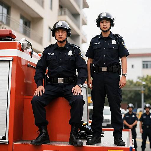 Police Officers on Fire Truck in Daylight