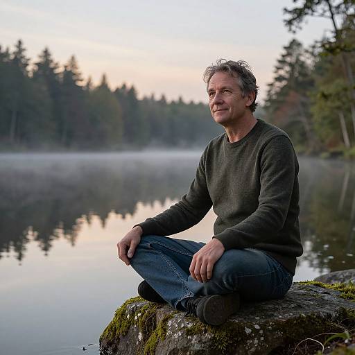 Photograph of a middle-aged man with curly gray hair, wearing a dark green sweater and blue jeans, sitting on a mossy rock by a serene
