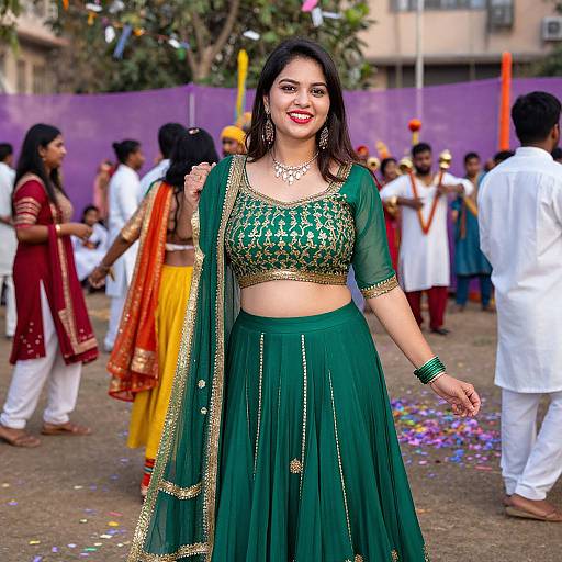Emerald Ghagra Suit at Holi Celebration