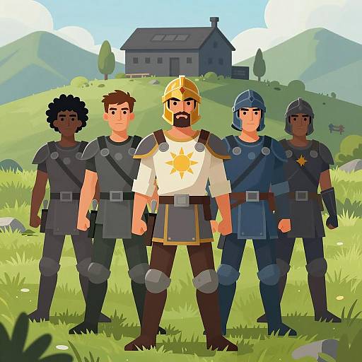 Armored Figures on Grassy Island Scene