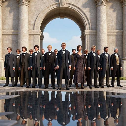Photograph of formal wedding party: 12 men in black tuxedos, 1 woman in black dress, standing in front of archway