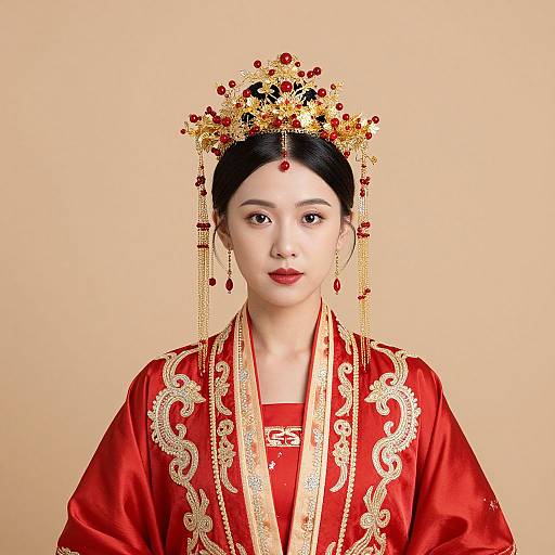 Photograph of an East Asian woman in traditional red silk robe with gold embroidery, wearing an ornate gold and red headpiece, against a beige background