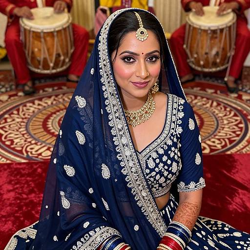 Photograph of a beautiful South Asian bride in a black and white embroidered saree, traditional jewelry, and red bindi, seated on a red carpet