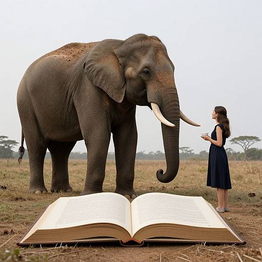 Photograph of a young woman in a black dress standing beside a large elephant, with an enormous open book on the ground between them in a grassy