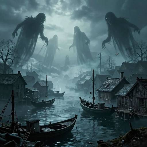 Mysterious, blue-tinted digital painting of ghostly, shadowy figures hovering over a foggy, abandoned village with wooden boats and houses on