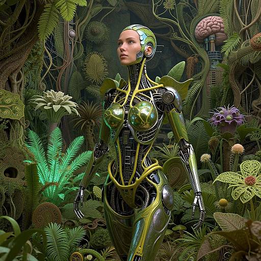 Digital CGI of a futuristic, metallic humanoid woman with green and yellow armor, standing in a lush, alien jungle filled with vibrant, exotic plants and a