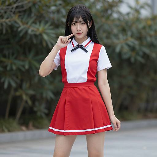 Photograph of an Asian woman with long black hair, wearing a white shirt and red pleated skirt, standing outdoors, biting her finger, with green