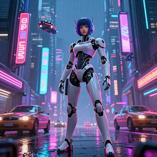 Cyberpunk female robot with blue bob, white and black armor, standing in neon-lit rainy city street, surrounded by yellow taxis.