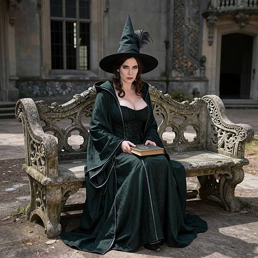 Photograph of a pale-skinned woman with dark hair, wearing a black witch hat and dress, sitting on an ornate stone bench, holding a