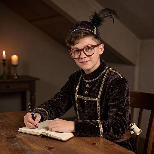 Confident Wise Boy in Velvet Costume