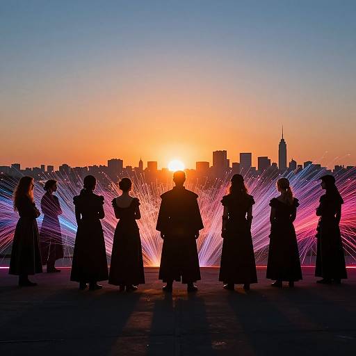 Silhouetted women in vintage dresses stand against vibrant sunset and city skyline, surrounded by colorful light bursts in photograph.