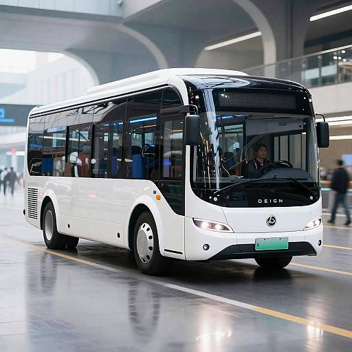 Photograph of a sleek, white Scion bus with black trim, driving on a shiny, modern bus terminal floor. Driver visible. Bright, ar